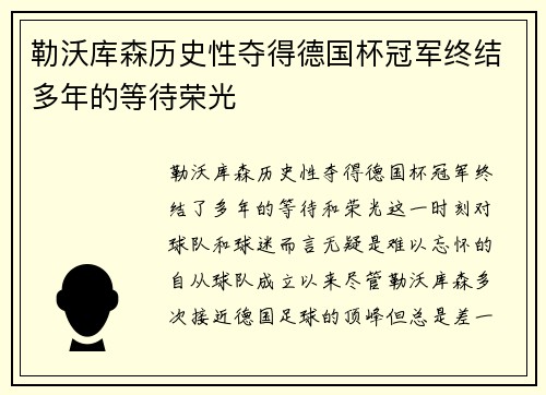 勒沃库森历史性夺得德国杯冠军终结多年的等待荣光