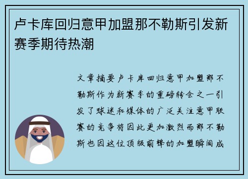 卢卡库回归意甲加盟那不勒斯引发新赛季期待热潮